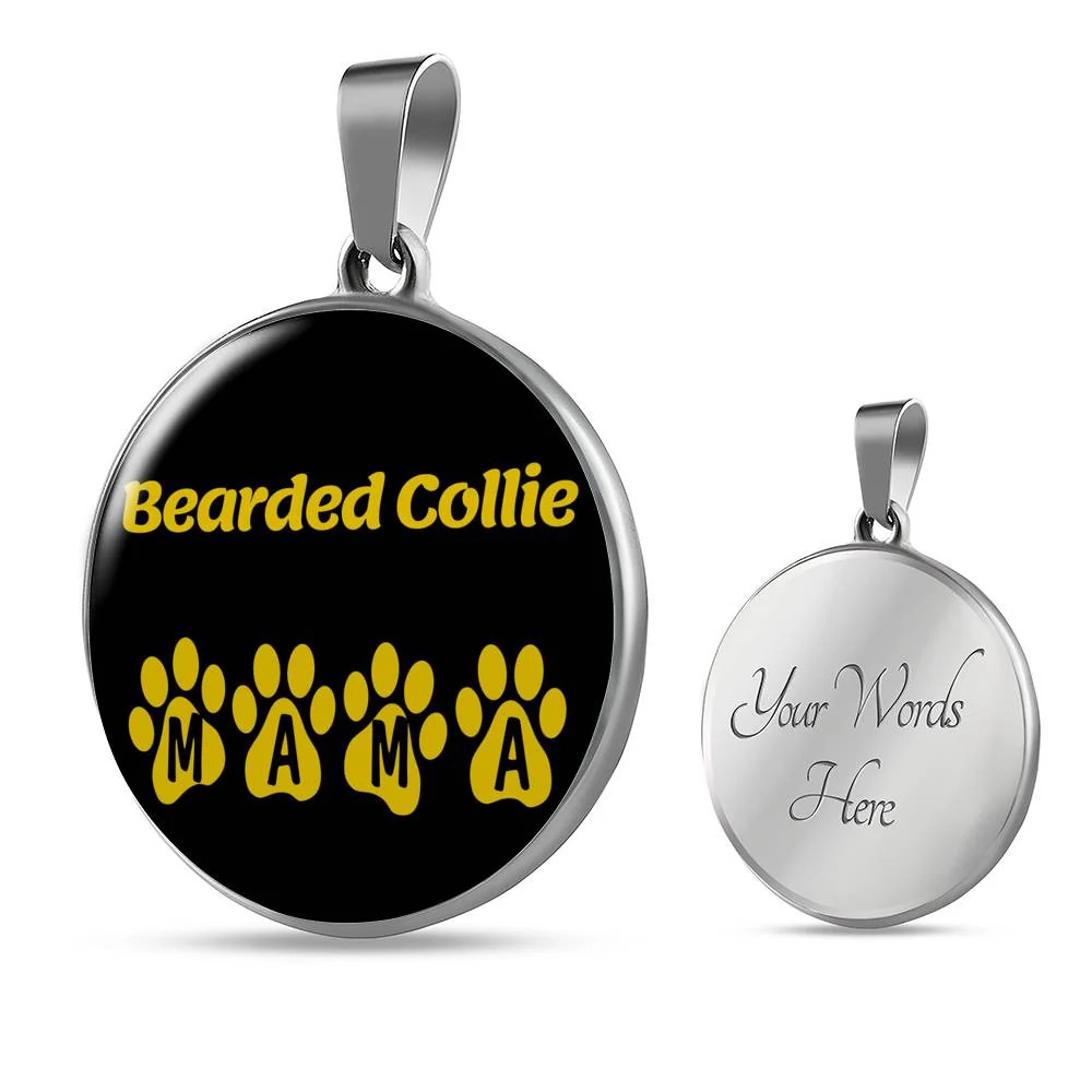 Bearded Collie Mama Circle Pendant Necklace Stainless Steel 24 Inch Chain Silve